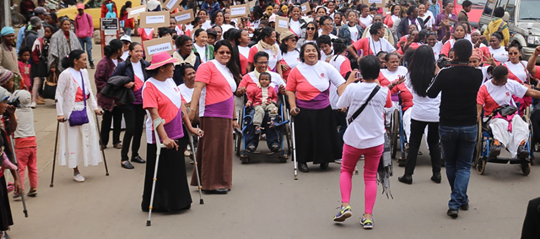 Members of Association des Femmes Handicapées de Madagascar march at the front of a demonstrationMembers of Association des Femmes Handicapées de Madagascar march at the front of a demonstration