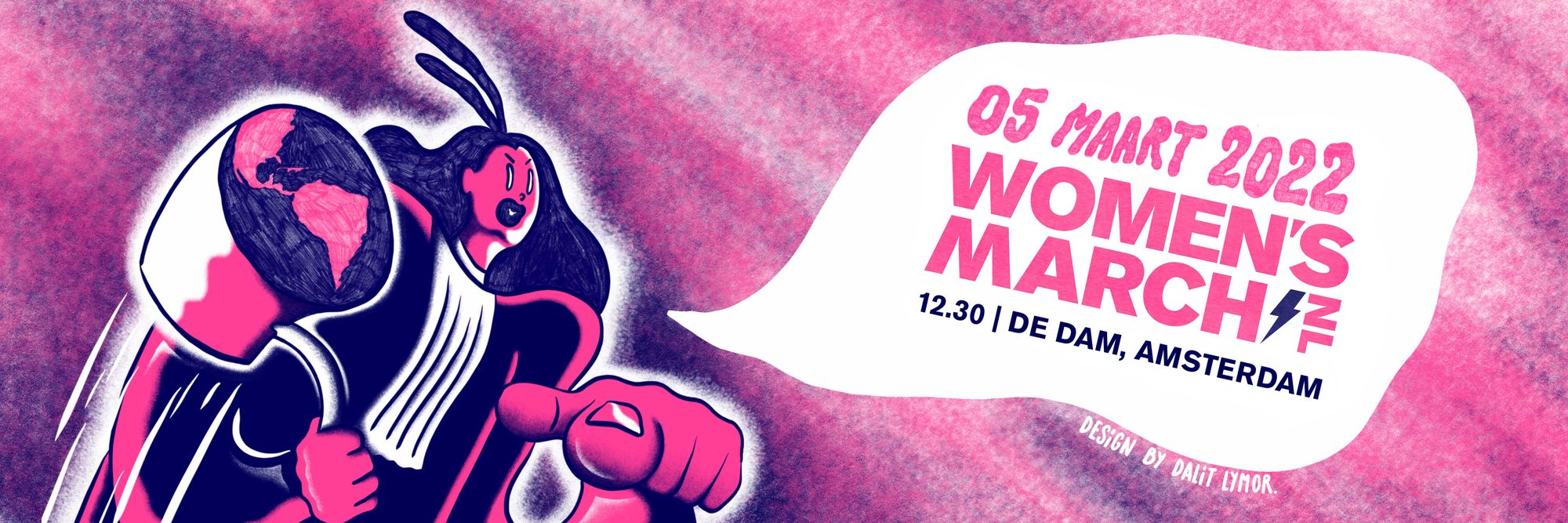 illustration women's march AmsterdamIllustration Women's March. Text on image: 5 march 2002 Women's March. 12.3o De Dam